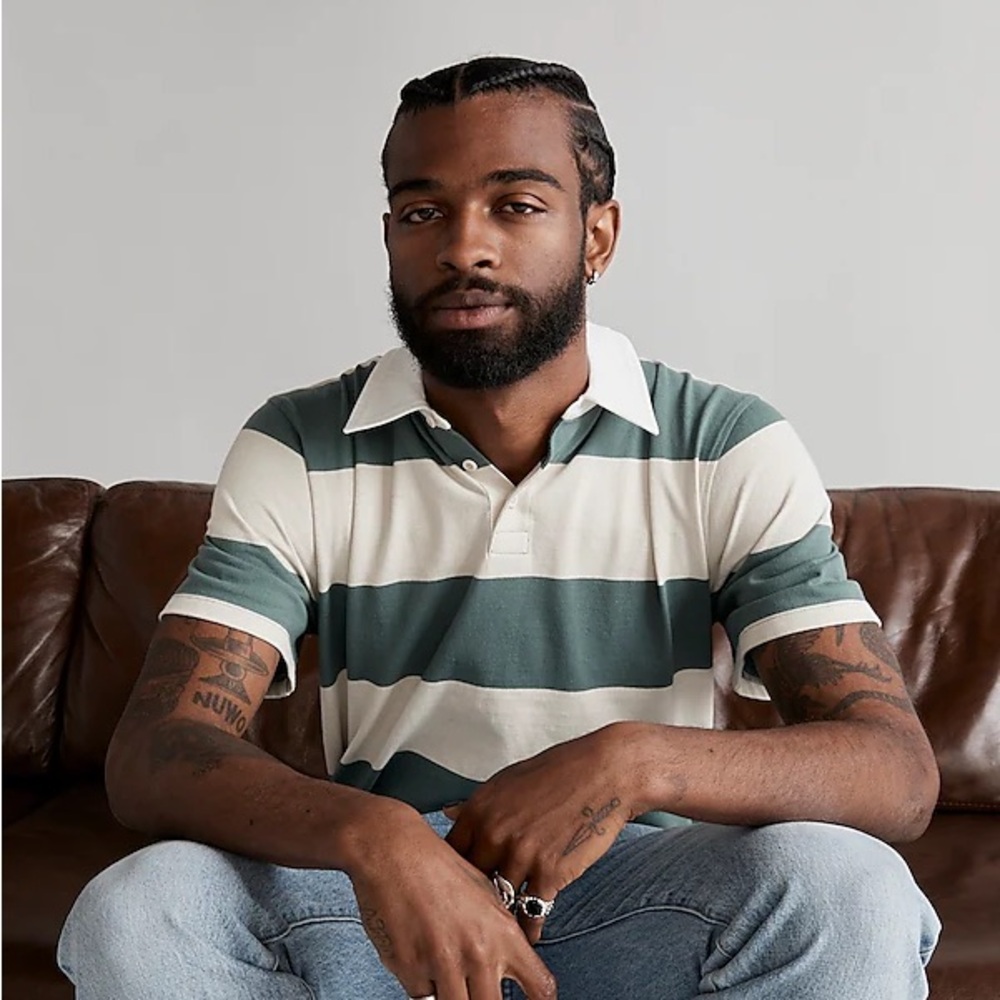 Madewell Green and White Striped Polo Shirt